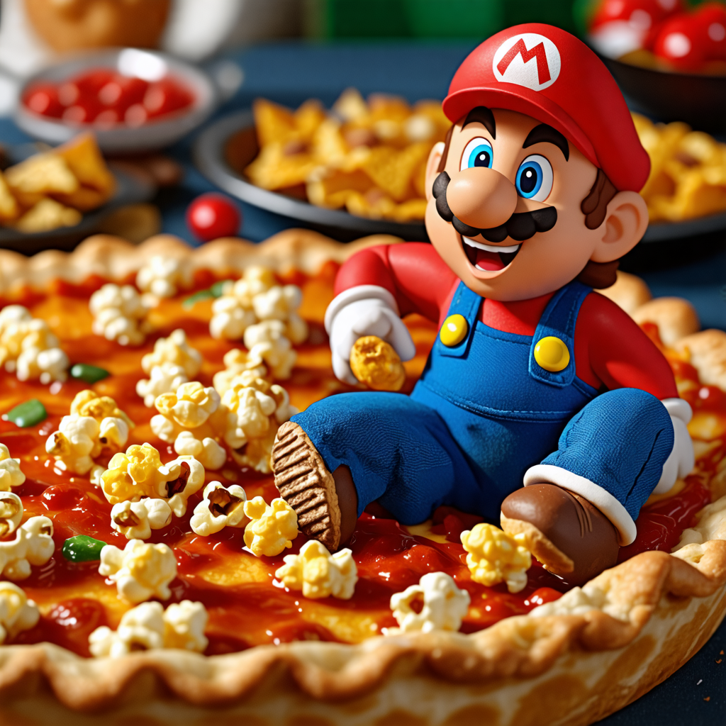 pie, spider, popcorn, super mario, nachos